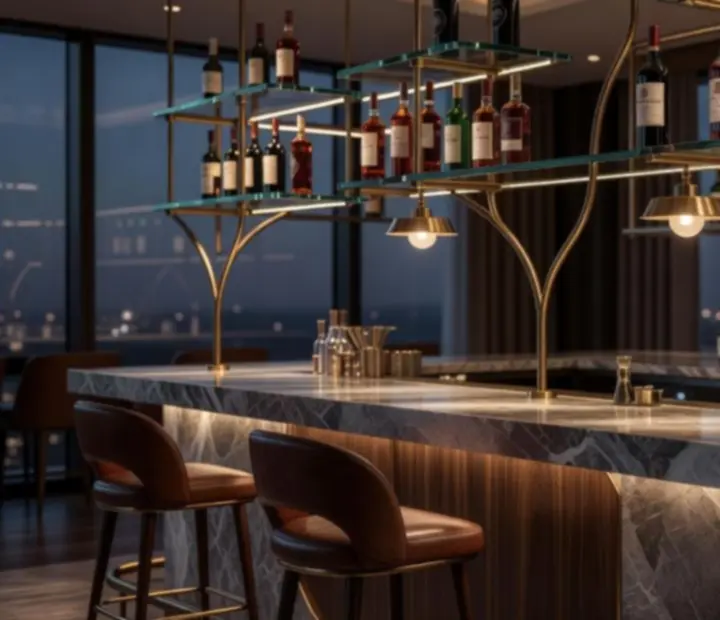 Elegant marble-topped bar at GAREXCON Korlátolt Felelősségű Társaság with brass shelving and premium spirits