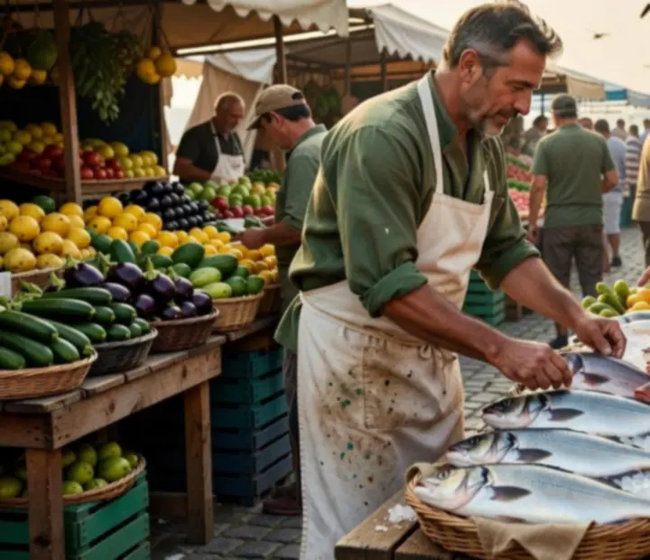 GAREXCON Korlátolt Felelősségű Társaság chef selecting fresh produce and seafood at a local market near the harbour
