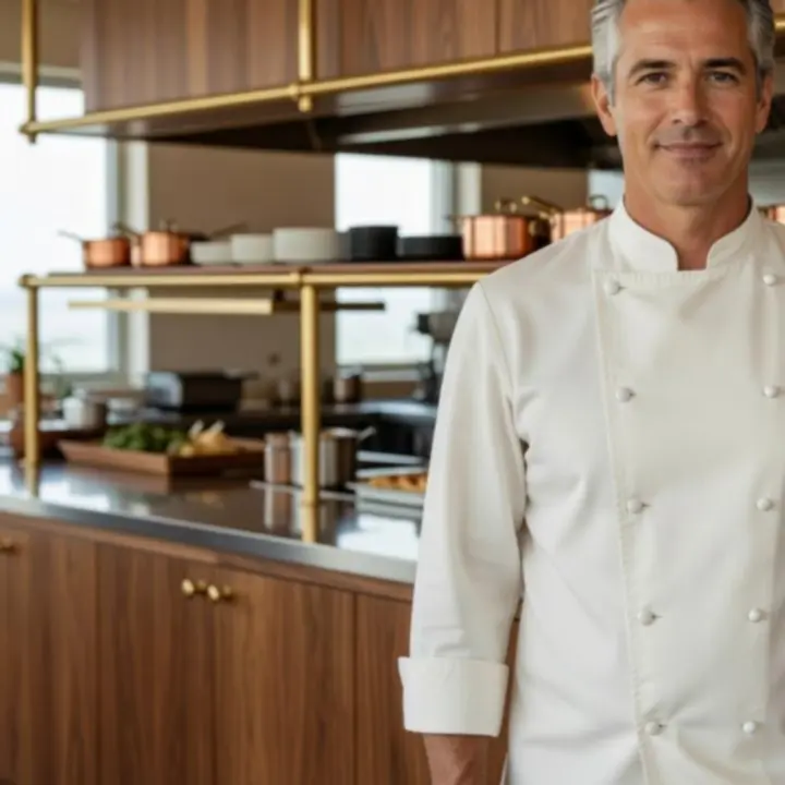 Executive Chef of GAREXCON Korlátolt Felelősségű Társaság standing in the open kitchen, framed by warm harbour light