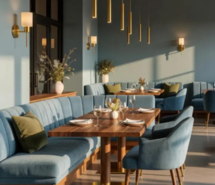Coastal-modern interior of Harbour & Deck with warm lighting and brass details