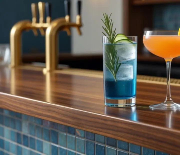 An elegant trio of cocktails on a polished brass bar counter at GAREXCON Korlátolt Felelősségű Társaság