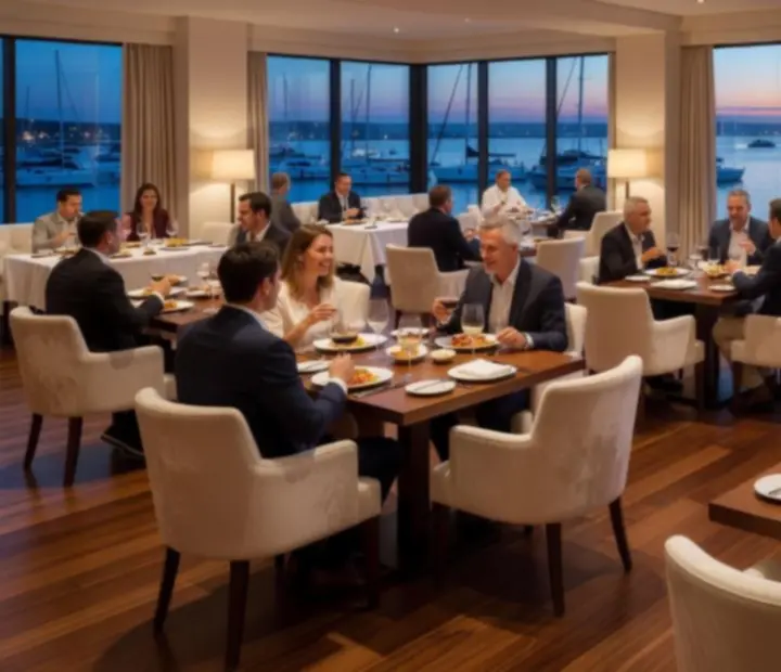 Panoramic view of GAREXCON Korlátolt Felelősségű Társaság's main dining room with harbour-inspired windows and walnut tables