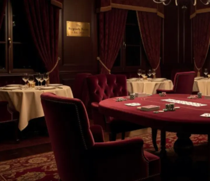 Subtle hint of casino-themed evening with guests near a card table in the restaurant