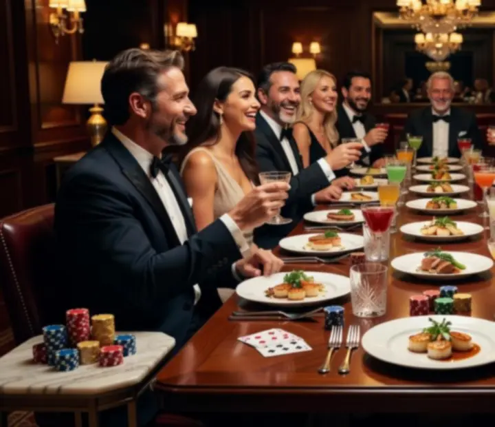 Guests dining together at Harbour & Deck with coastal dishes and cocktails on the table