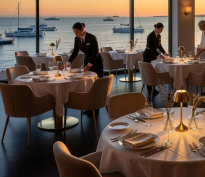 Elegant event setup in a coastal-modern harbourfront dining room at GAREXCON Korlátolt Felelősségű Társaság