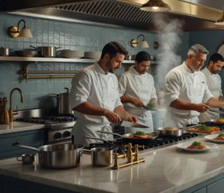 GAREXCON Korlátolt Felelősségű Társaság kitchen team working together during dinner service under warm lighting
