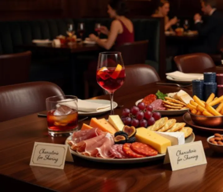 Shareable evening platters beside a discreet poker-themed table at GAREXCON Korlátolt Felelősségű Társaság