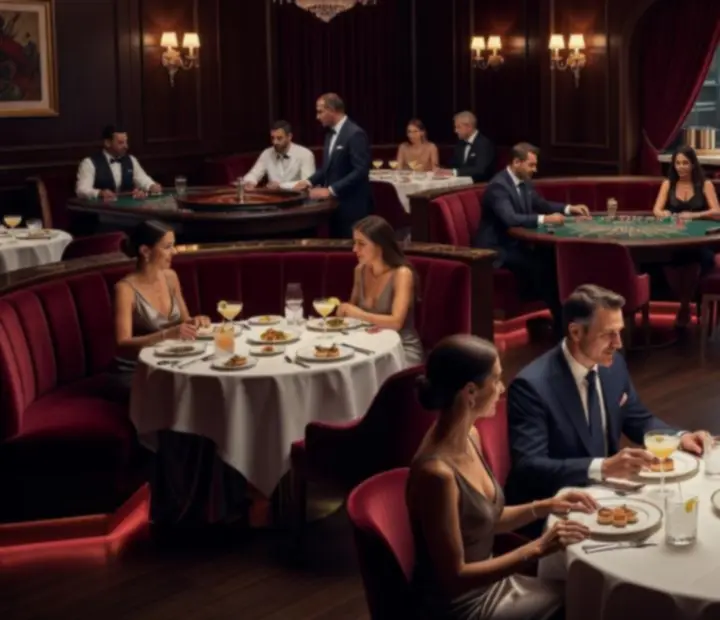 Elegant roulette and blackjack tables set within a softly lit restaurant interior