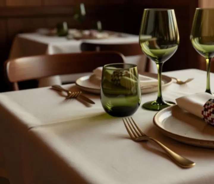 Signature table setting at GAREXCON Korlátolt Felelősségű Társaság with crisp linens and brass cutlery